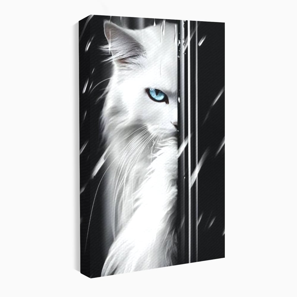 Tablou canvas cu tablou canvas cu pisica alba si ochi albastri, fara rama, pe sasiu de lemn
